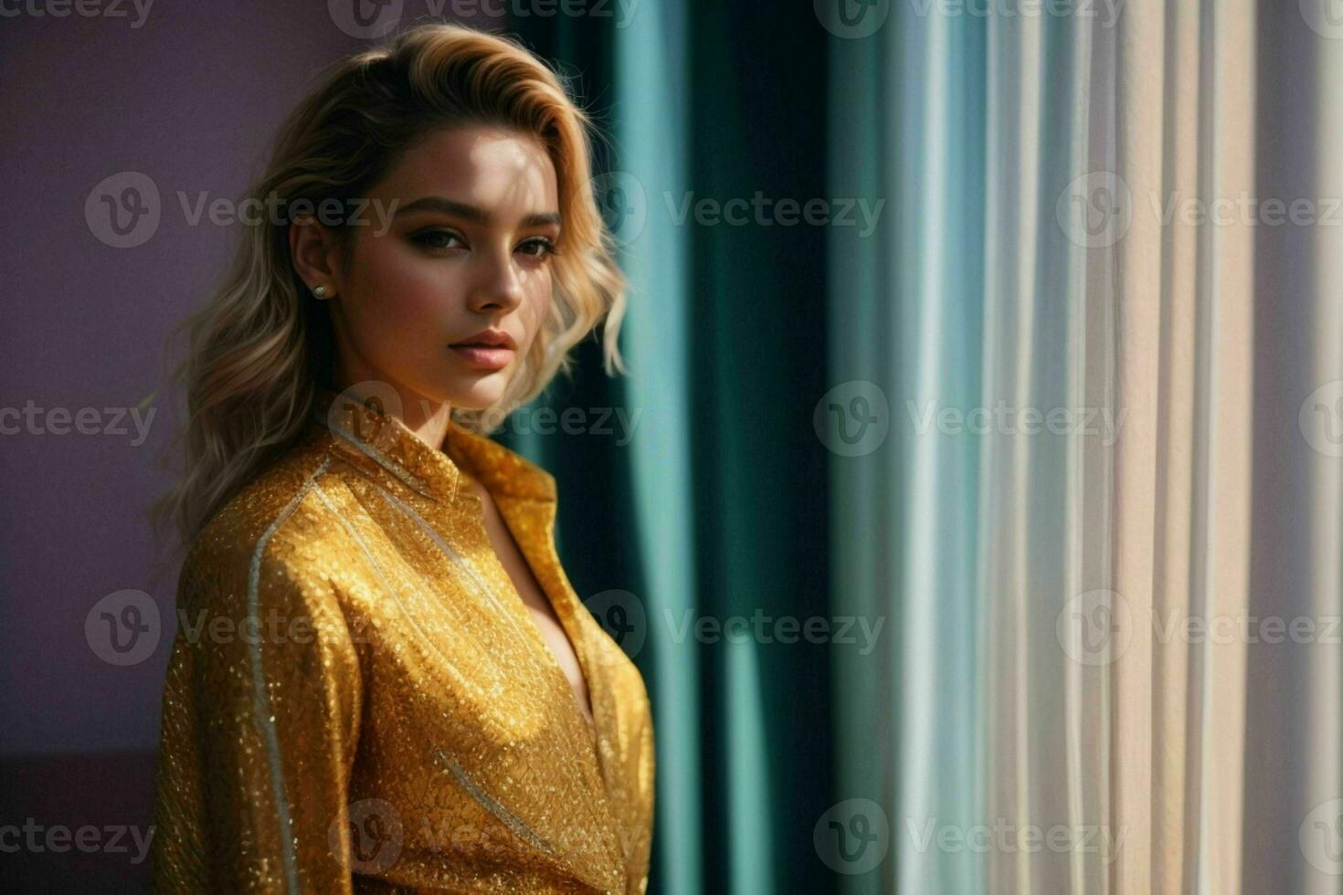 AI generated Stunning beautiful young woman with high contrast shadow and fashionable style photo