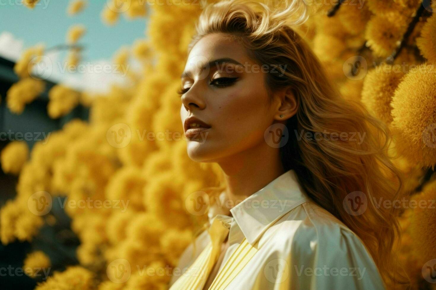 AI generated Stunning beautiful young woman with high contrast shadow and fashionable style photo