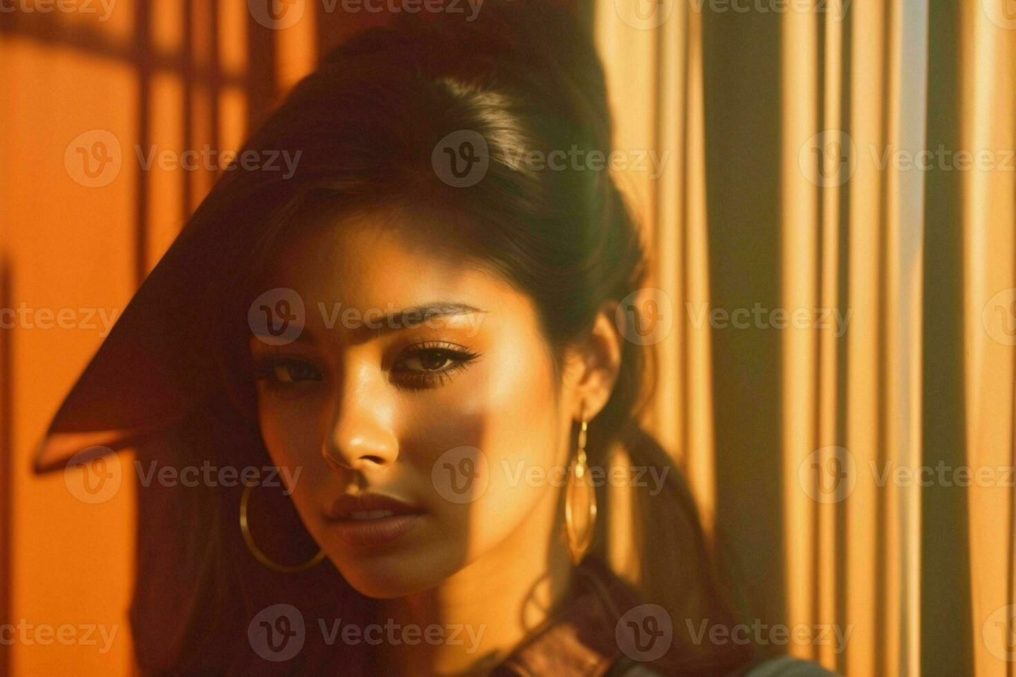 AI generated Stunning beautiful young woman with high contrast shadow and fashionable style photo
