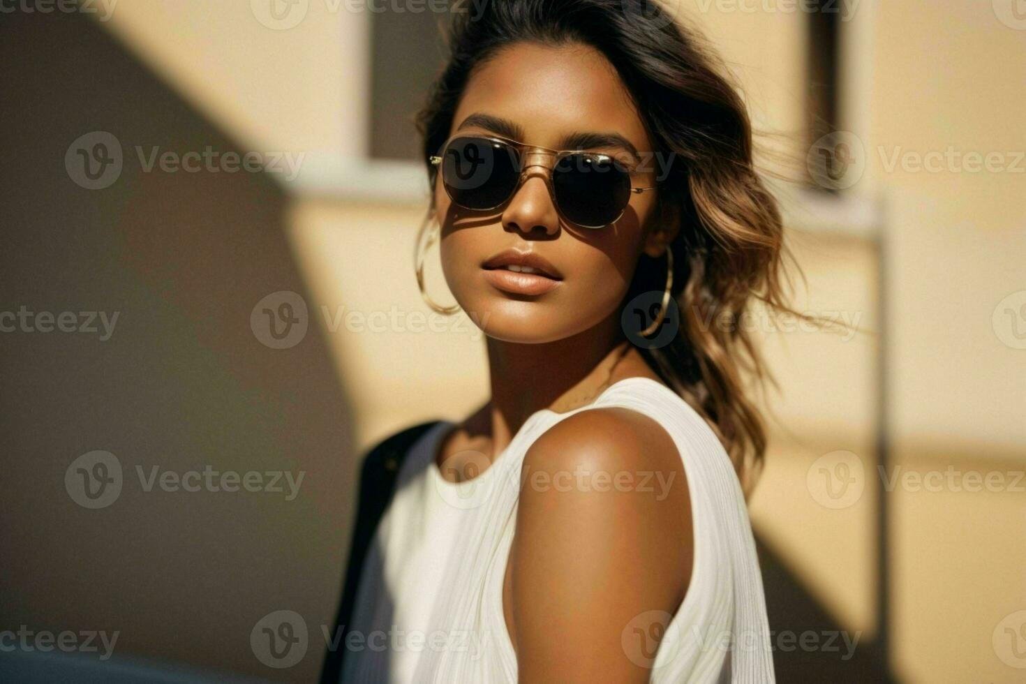 AI generated Stunning beautiful young woman with high contrast shadow and fashionable style photo