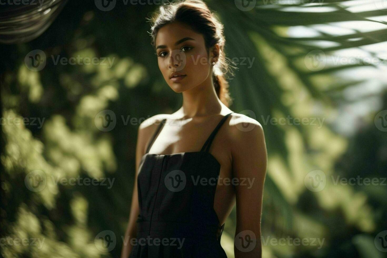 AI generated Stunning beautiful young woman with high contrast shadow and fashionable style photo