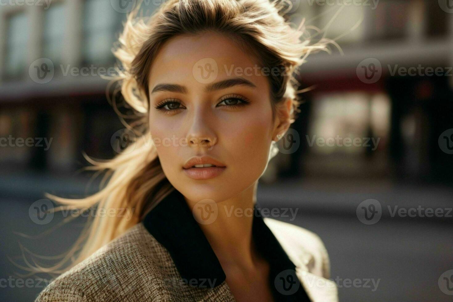 AI generated Stunning beautiful young woman with high contrast shadow and fashionable style photo