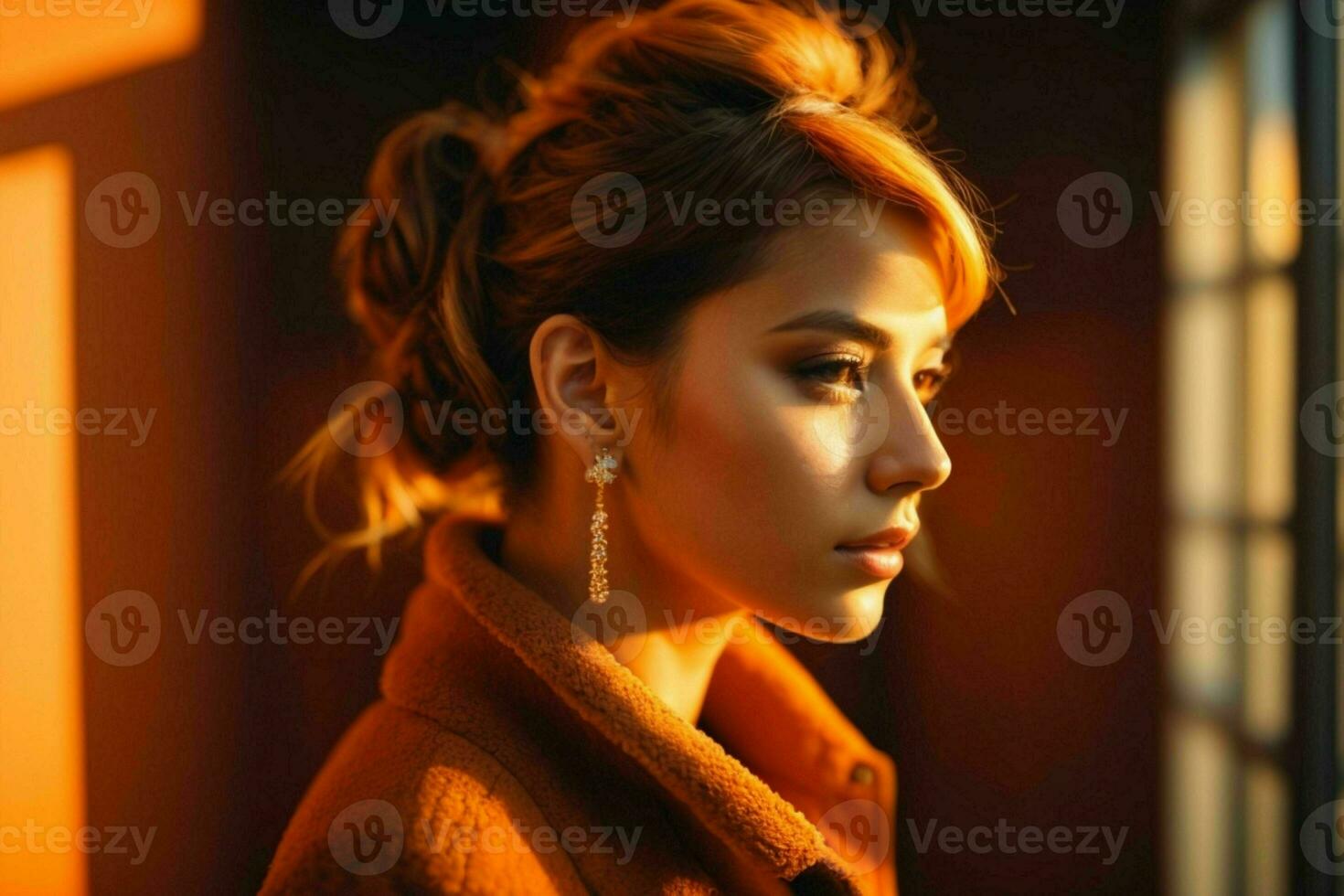 AI generated Stunning beautiful young woman with high contrast shadow and fashionable style photo