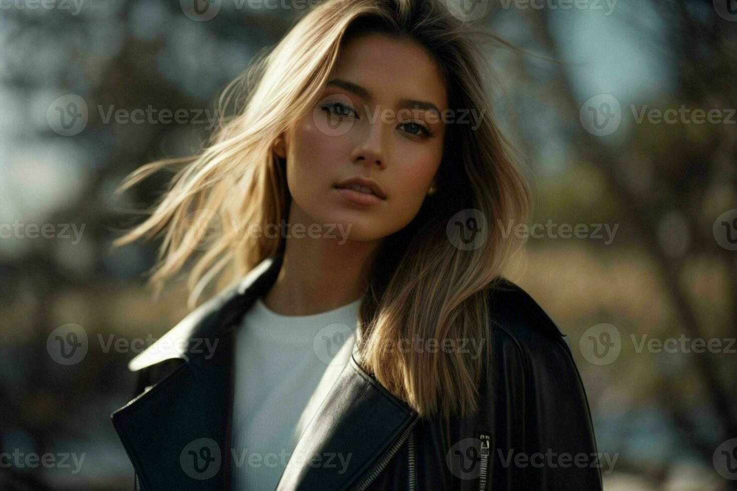 AI generated Stunning beautiful young woman with high contrast shadow and fashionable style photo