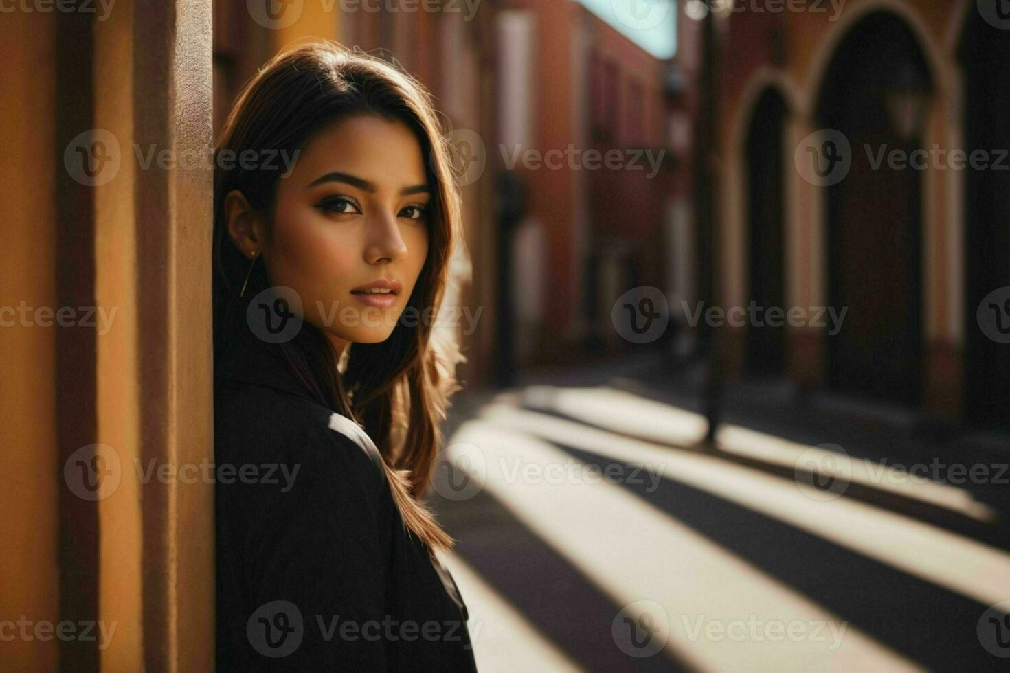 AI generated Stunning beautiful young woman with high contrast shadow and fashionable style photo