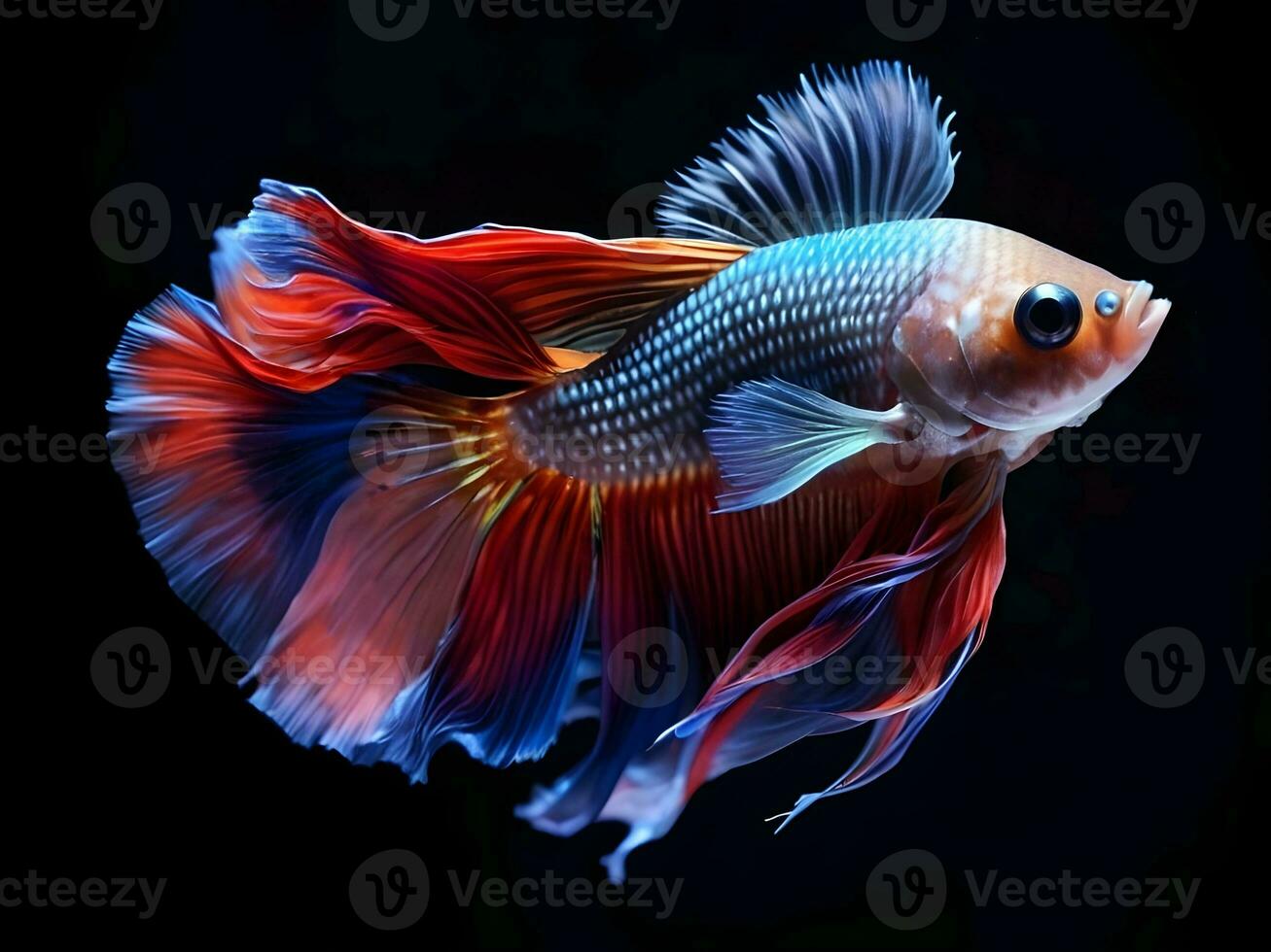 AI generated close-up detail of a beautiful betta fish with bright colors on a black background photo