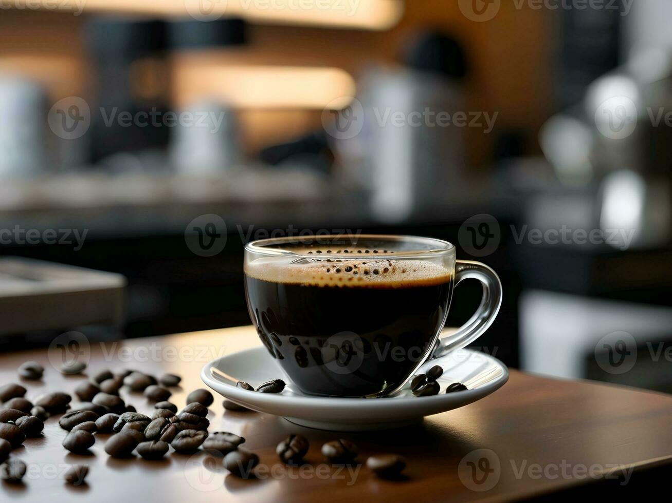 AI generated portrait of a cup of black coffee on the barista table with a blurred background in the barista room photo