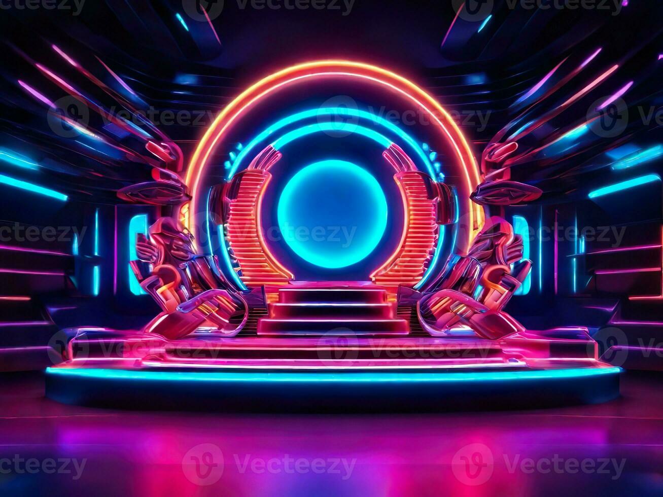 AI generated stage backdrop with futuristic neon lights photo