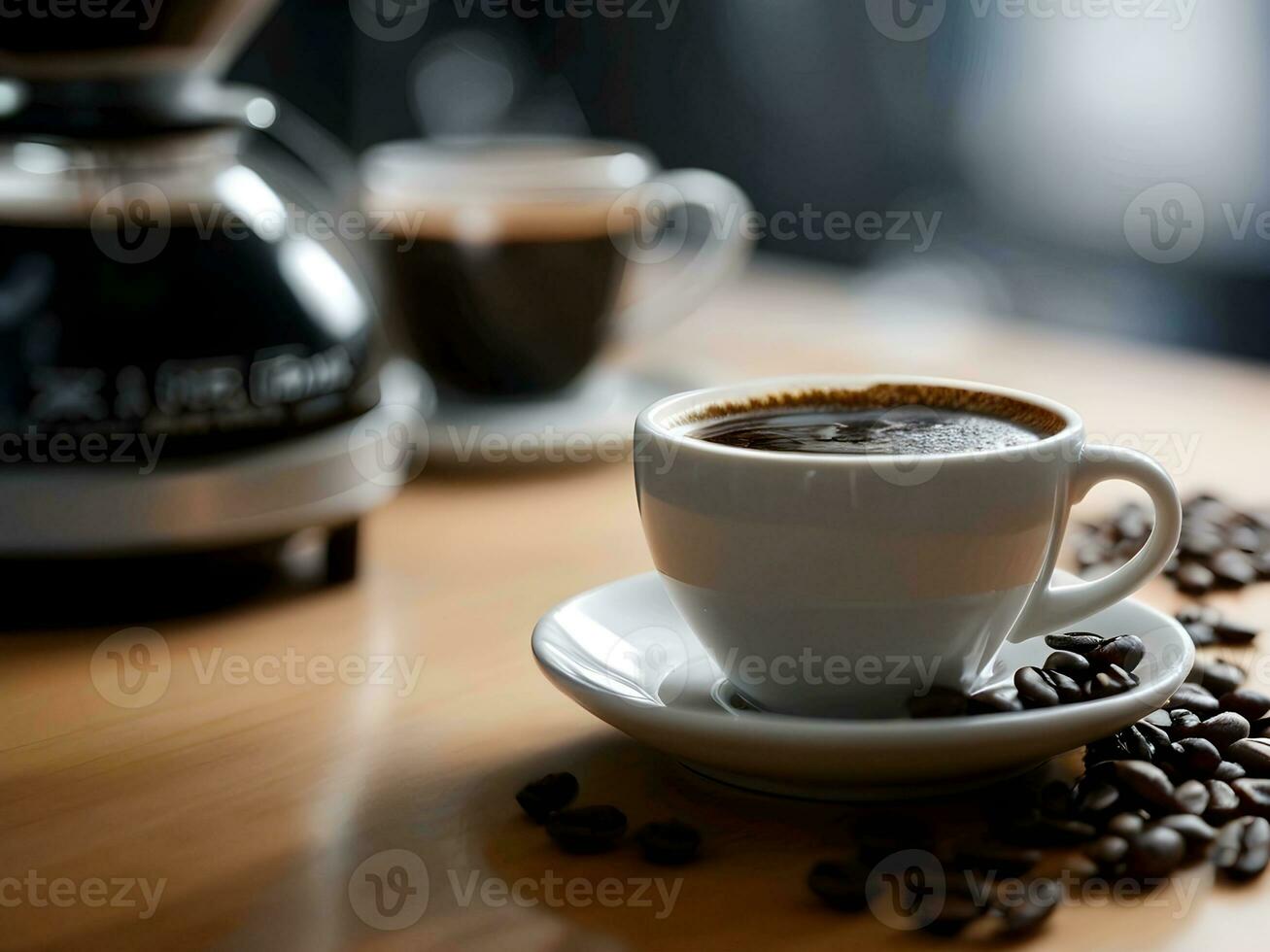 ai generado retrato de un taza de negro café en el barista mesa con un borroso antecedentes en el barista habitación foto