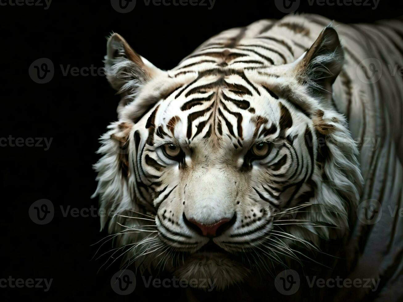 AI generated Close-up detail of isolated white tiger on black background photo