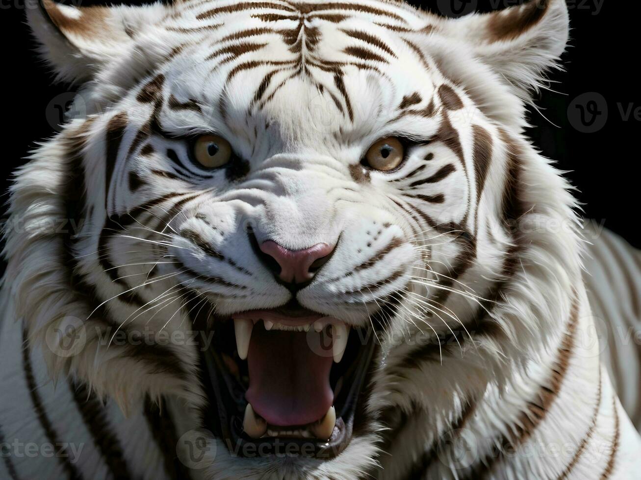 ai generado de cerca de un feroz blanco Tigre rugido en contra un negro antecedentes foto