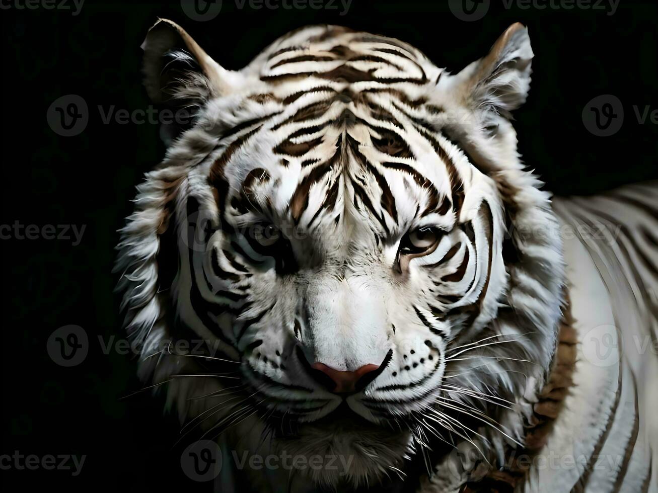 AI generated Close-up detail of isolated white tiger on black background photo