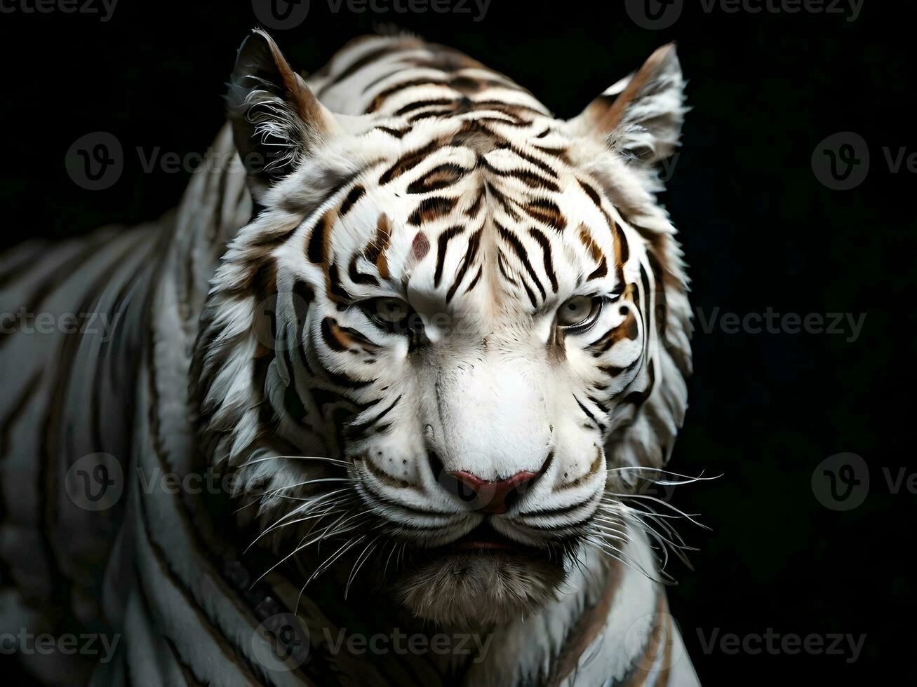 AI generated Close-up detail of isolated white tiger on black background photo