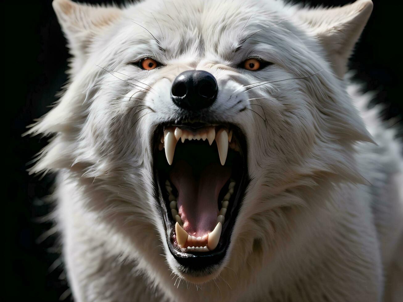 ai generado de cerca de un feroz blanco lobo rugido en contra un negro antecedentes foto