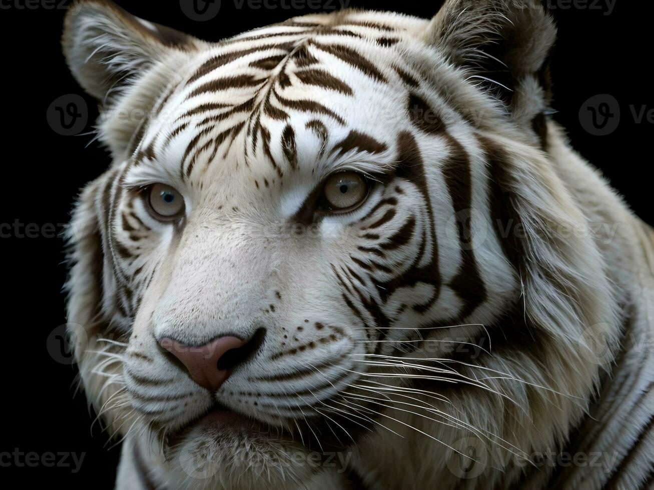 AI generated Close-up detail of white tiger, isolated on dark background photo