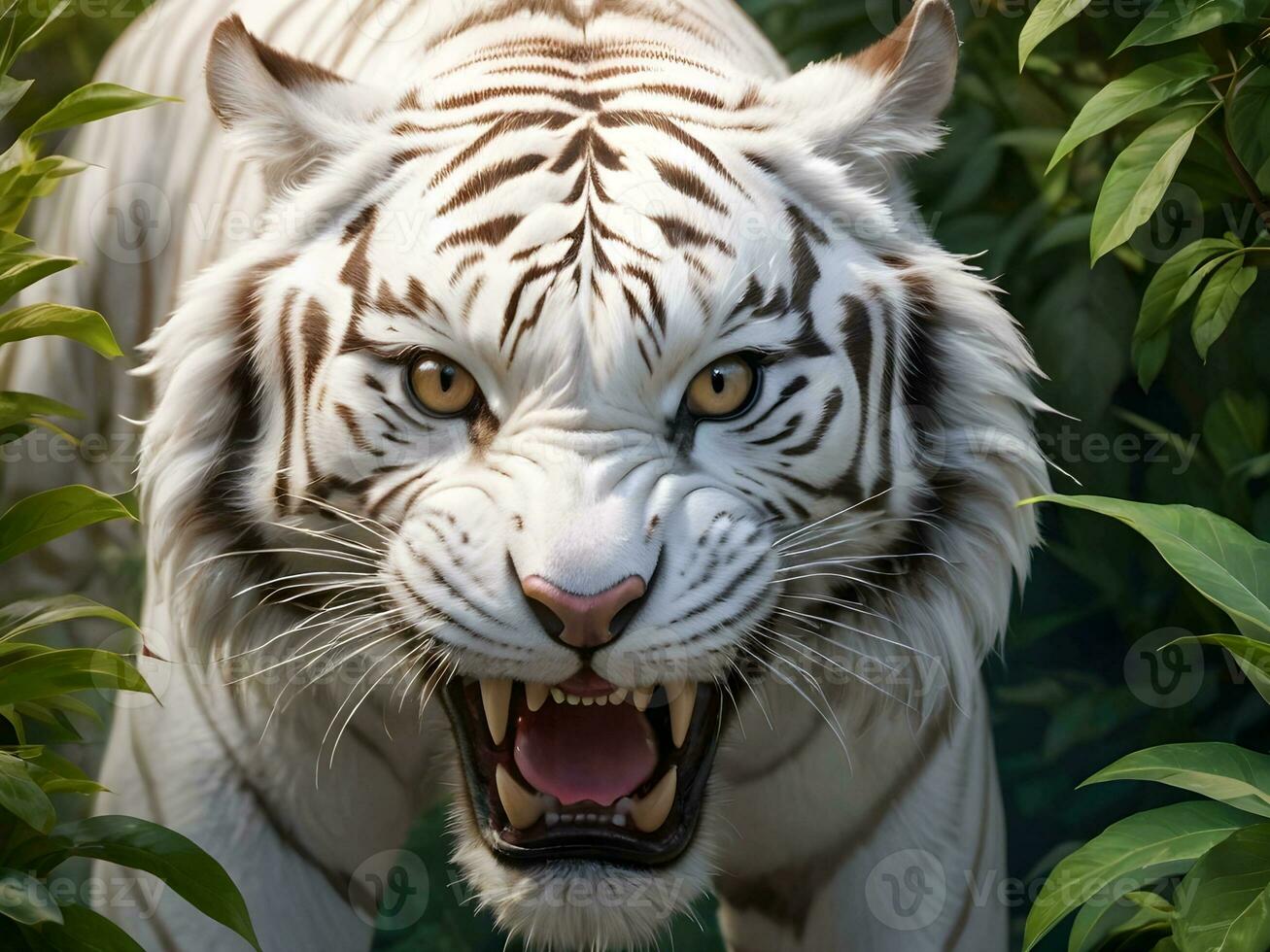 ai generado de cerca de un feroz blanco Tigre rugido en contra un negro antecedentes foto