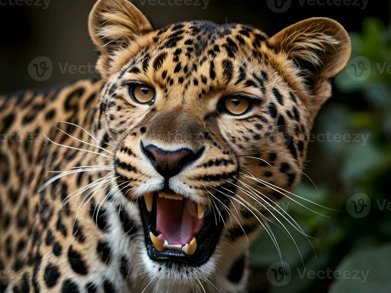 ai generado de cerca de hermosa detalles de un de leopardo rugido foto