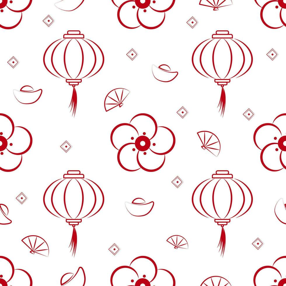 Vector illustration. Seamless chinese new year pattern with hand drawn  celebration background elements such as , cloud, fireworks.