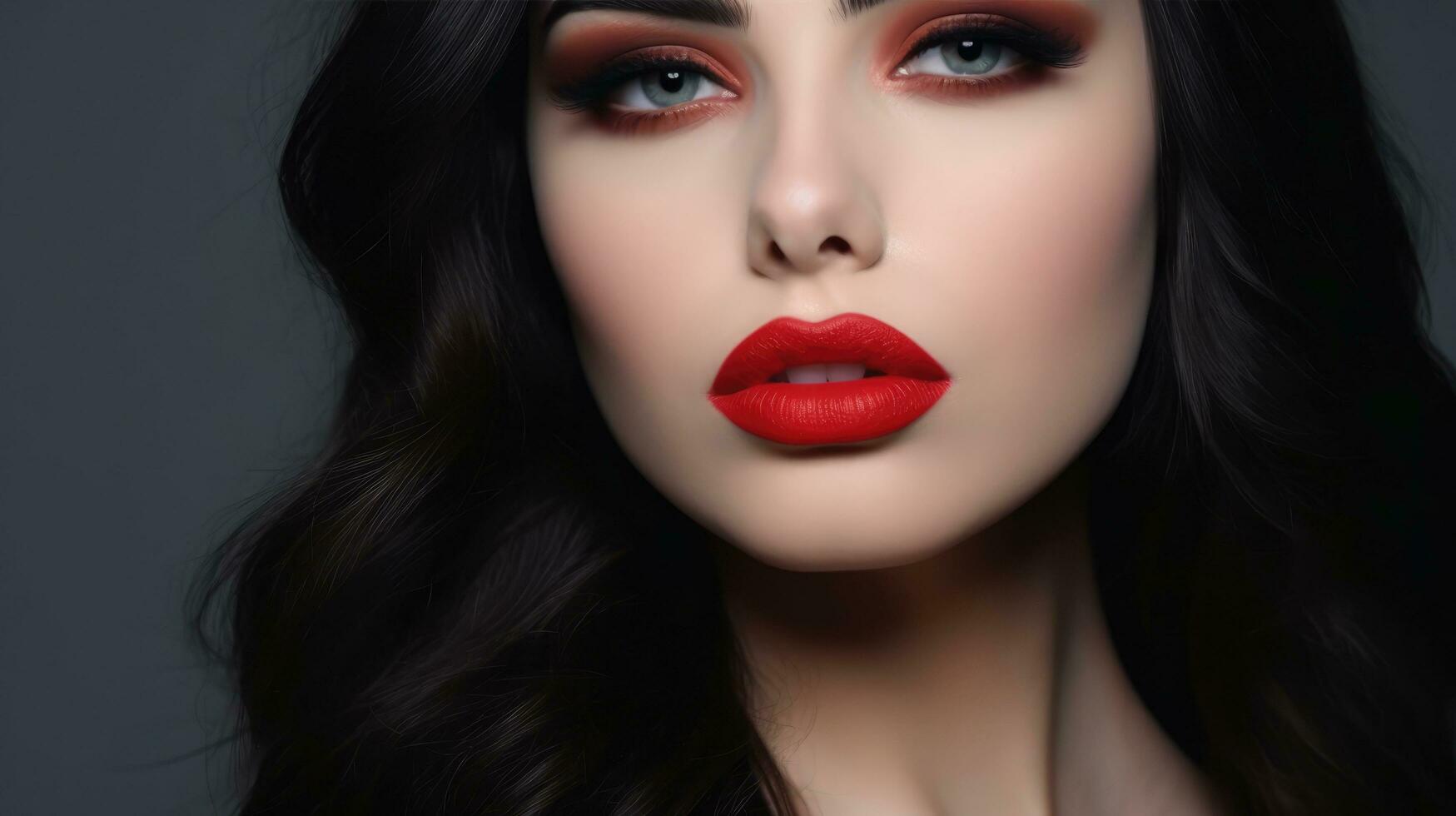 ai generado hermosa niña con un rojo lápiz labial en labios. belleza concepto. ai generativo foto