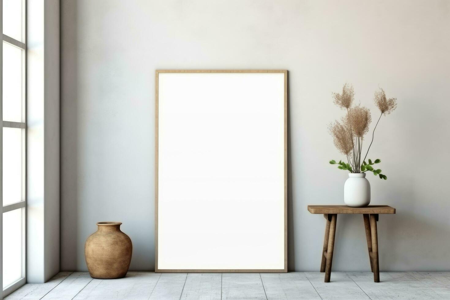 AI generated Mockup blank poster on wall simple interior photo