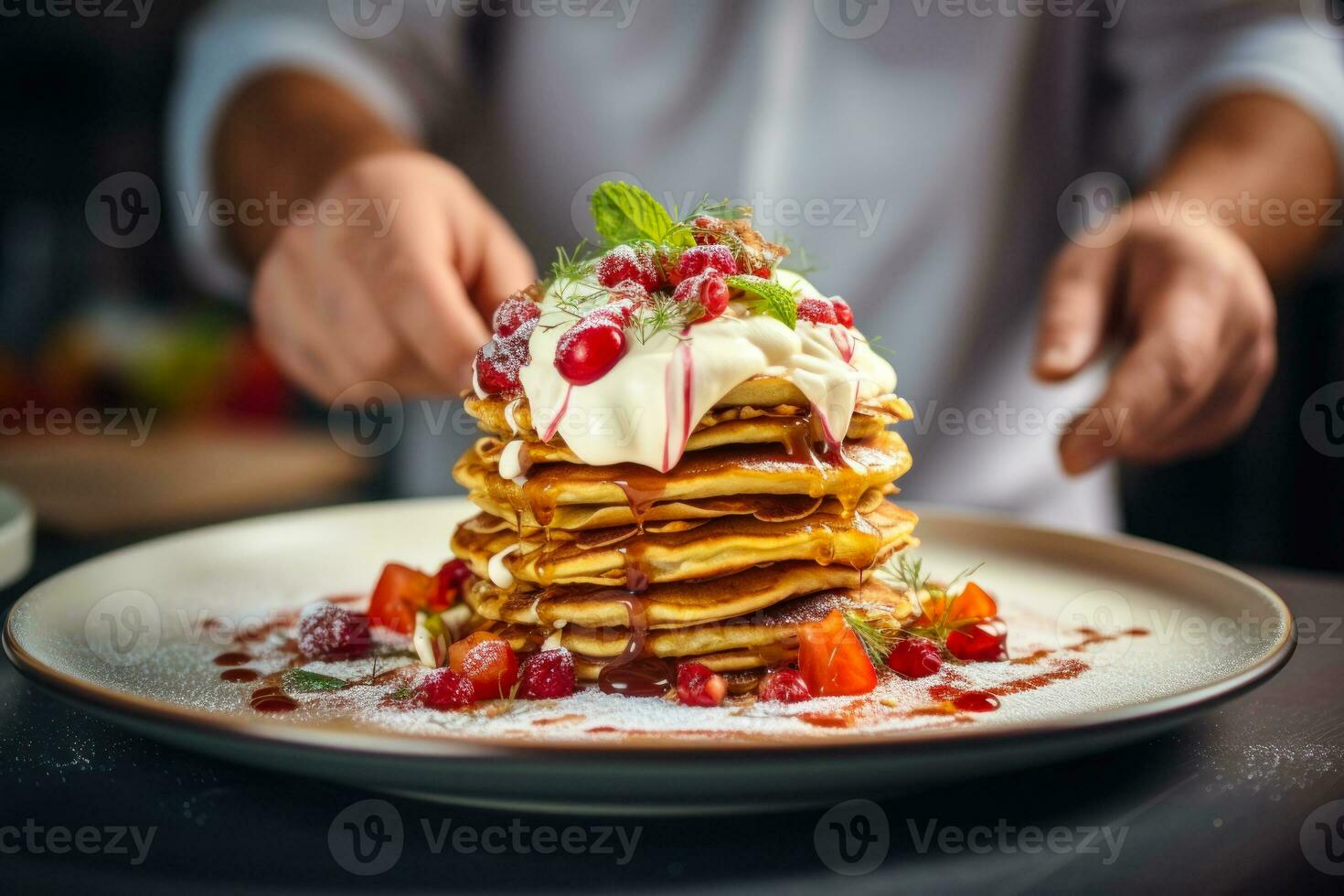 AI generated Chef Garnishing Stack of Pancakes with Berries photo