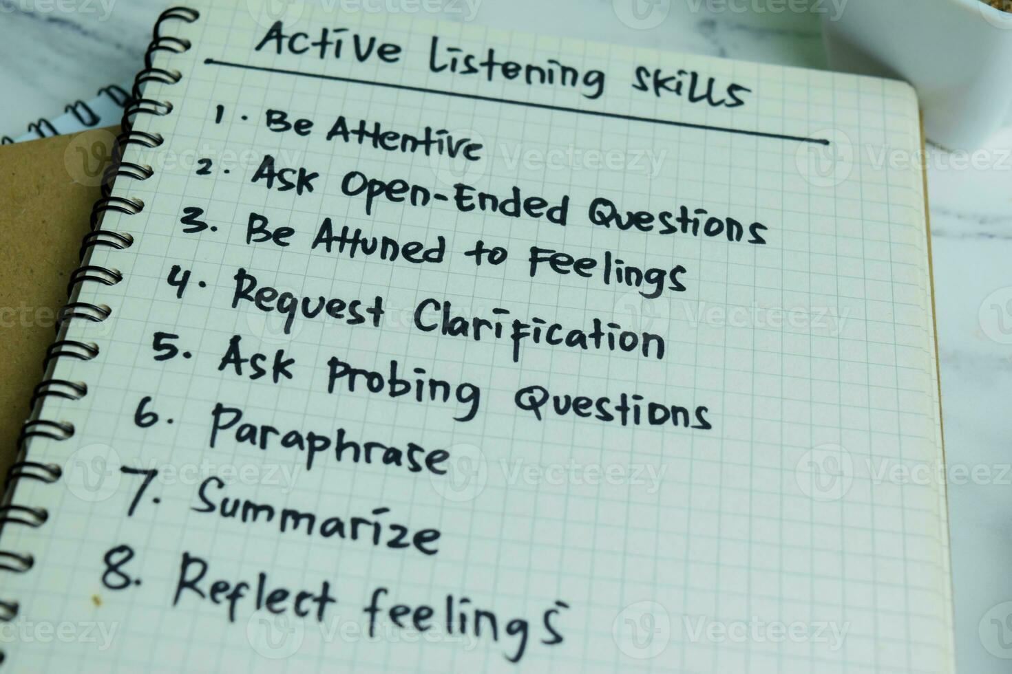 Concept of Active Listening Skills write on book with keywords isolated on Wooden Table. photo