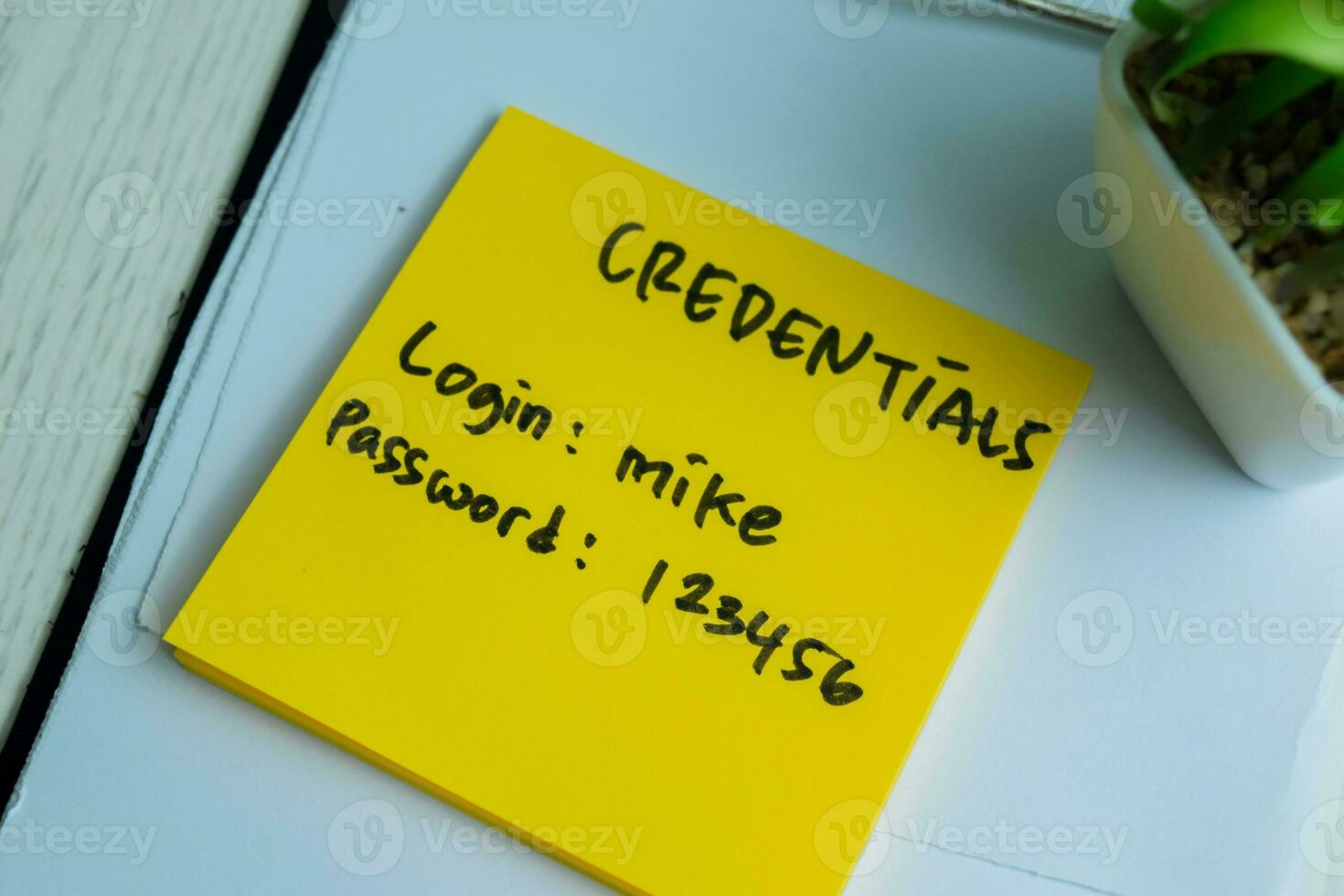 Concept of Credentials, Login and Password write on sticky notes isolated on Wooden Table. photo