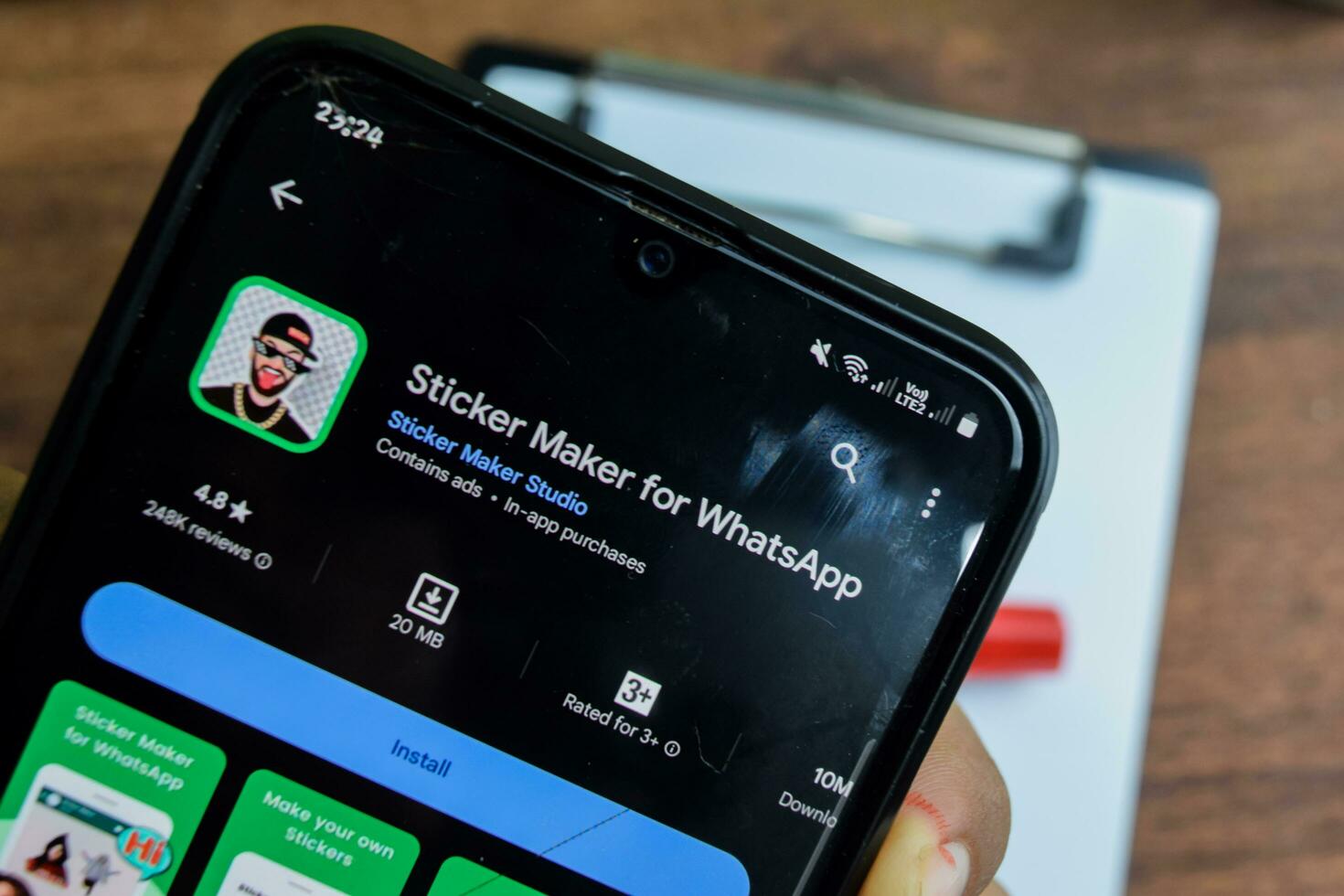 Sticker Maker for WhatsApp application on Smartphone screen. Sticker Maker is a freeware web browser developed by Sticker Maker Studio. Bekasi, Indonesia, Januay 17, 2024 photo