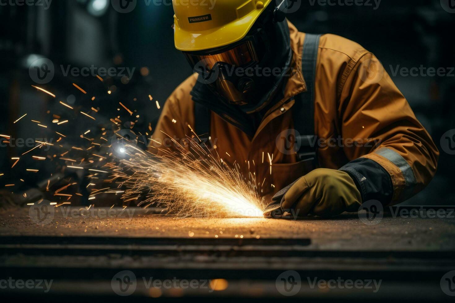 AI generated An industrial worker with safety gear masterfully performs precision metal cutting, Craftsmanship in metal fabrication. photo