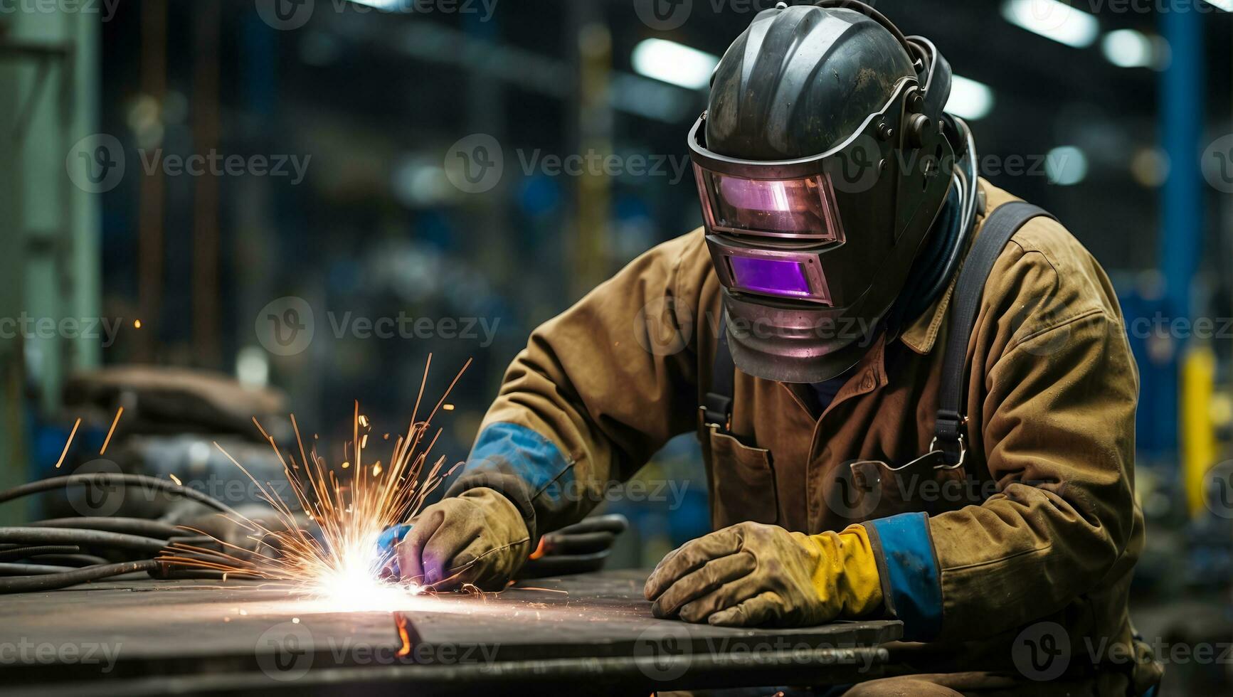 AI generated An industrial worker with safety gear masterfully performs precision metal cutting, Craftsmanship in metal fabrication. photo