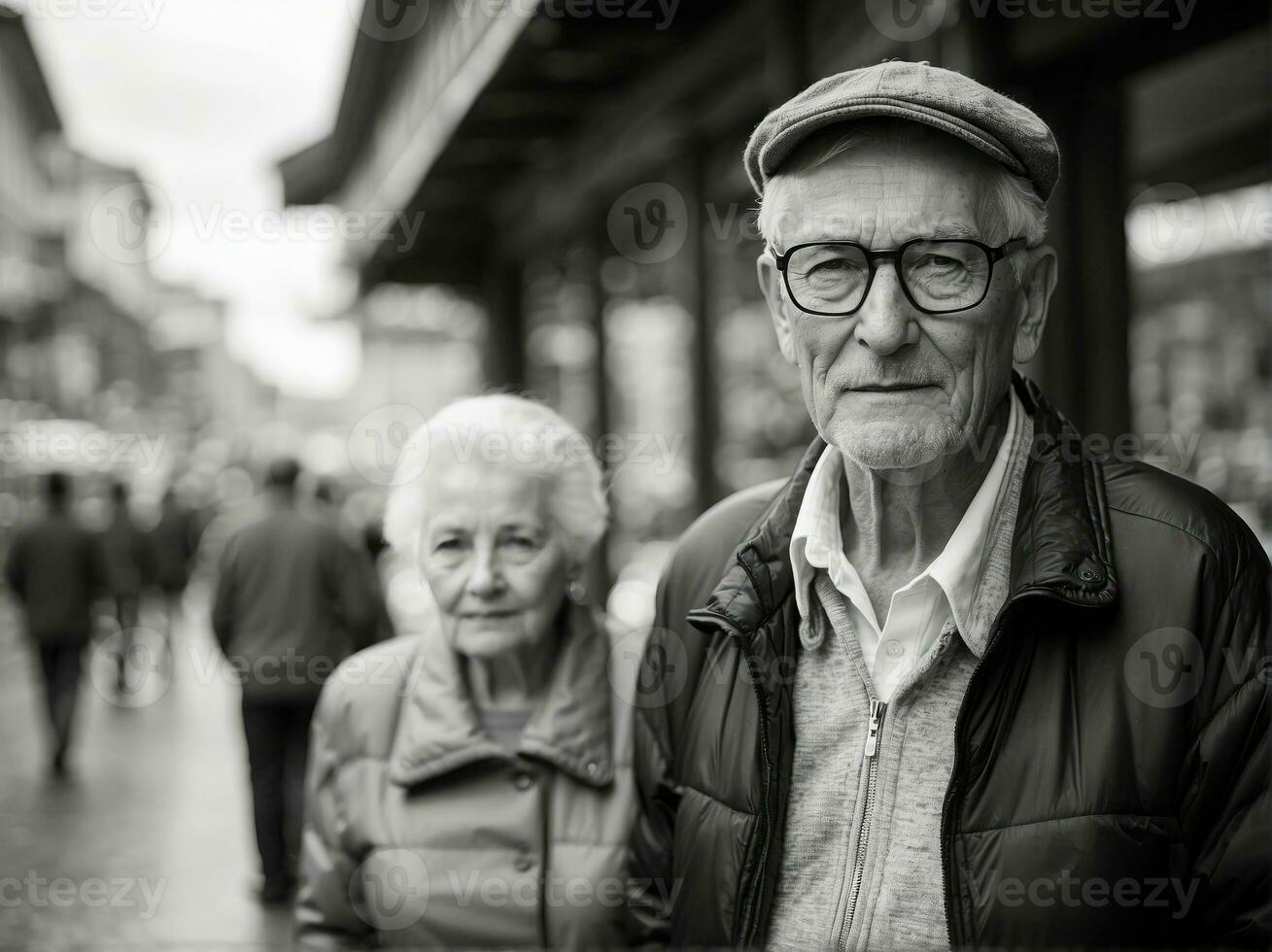 AI generated Elderly Couple Sharing a Moment on a Busy City Street photo