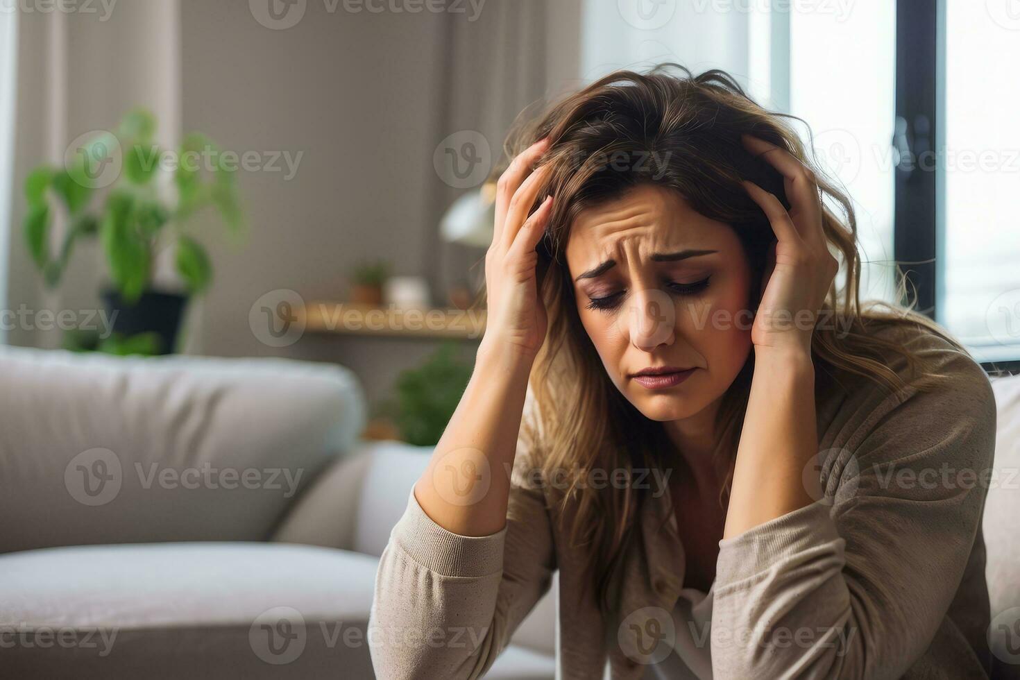 AI generated A woman in the grips of a mental health crisis, conveying the urgency of awareness and support for psychological well-being in domestic environments. photo