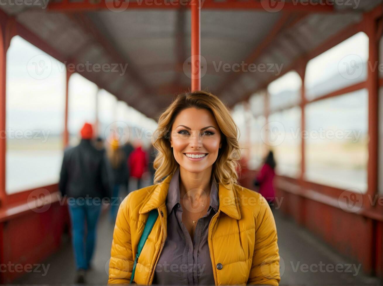 AI generated Confident Woman Smiling in a Bustling City Environment photo