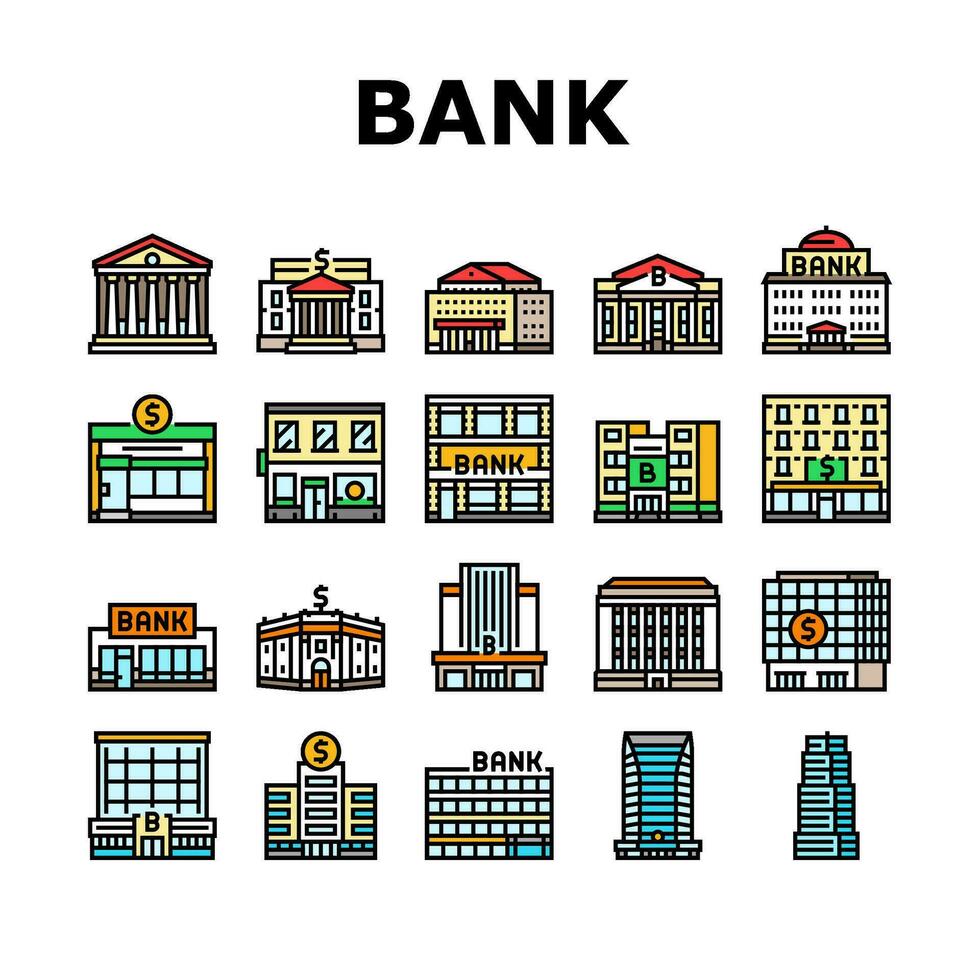 banco edificio dinero negocio íconos conjunto vector