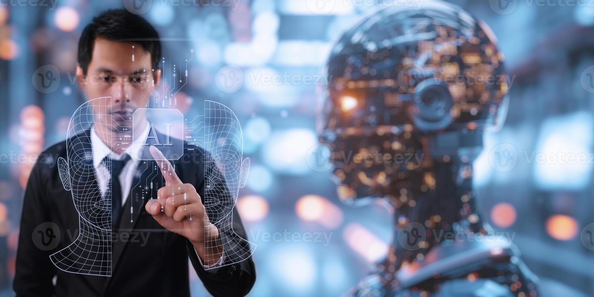 Artificial Intelligence, Ai technology, using technology smart robot AI, artificial intelligence by enter command prompt for generates something, Chat with AI, Futuristic technology transformation. photo