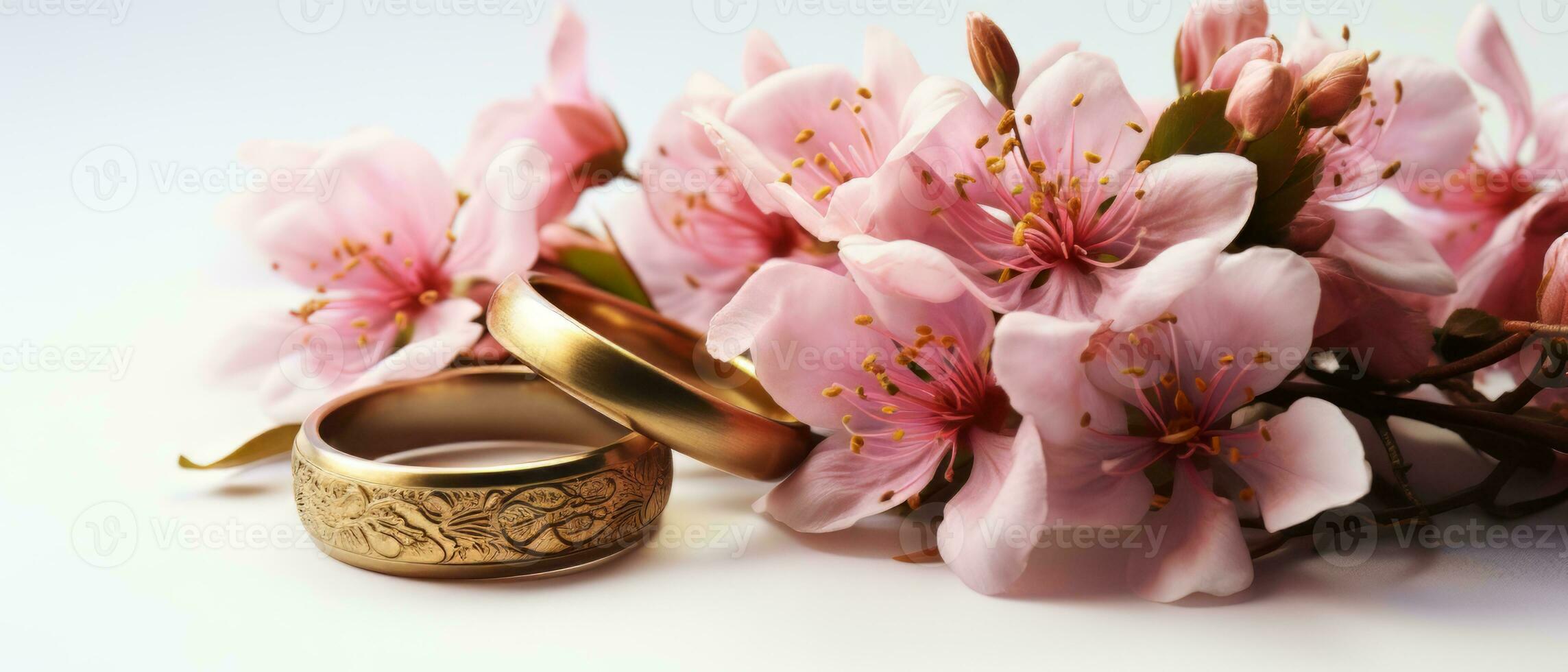 AI generated pink flowers and two golden wedding rings on realistic 3D Generative AI photo