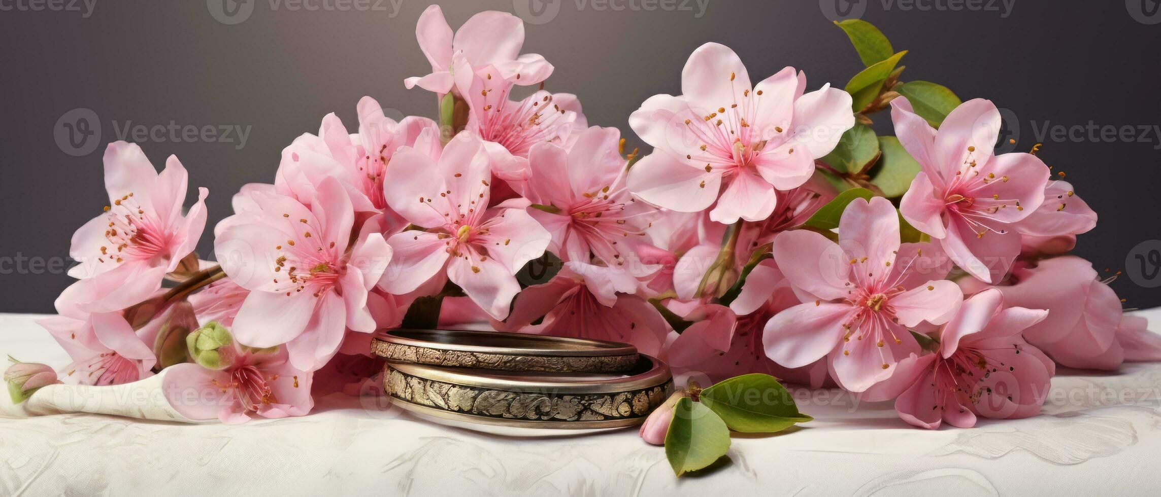 AI generated pink flowers and two golden wedding rings on realistic 3D Generative AI photo