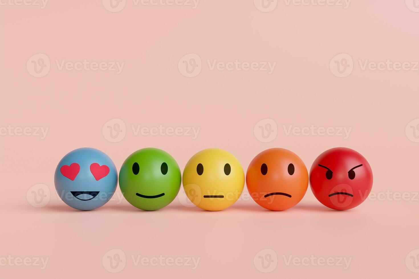 Five faces on a pink background. concept of evaluation, feedback, and degree of satisfaction score shows the emotion. photo