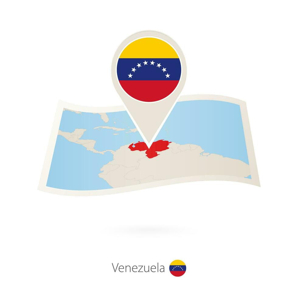 Folded paper map of Venezuela with flag pin of Venezuela. vector