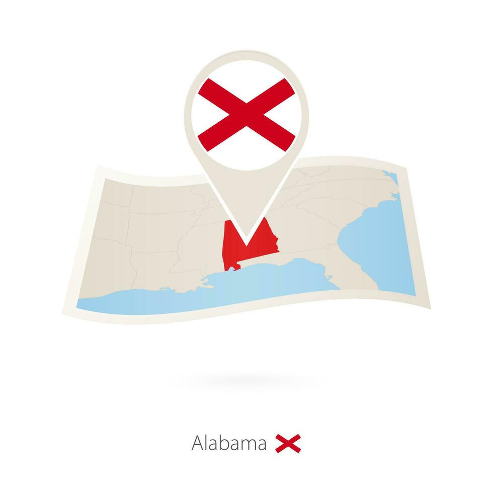 Folded paper map of Alabama U.S. State with flag pin of Alabama. vector