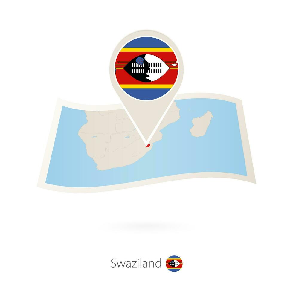 Folded paper map of Swaziland with flag pin of Swaziland. vector