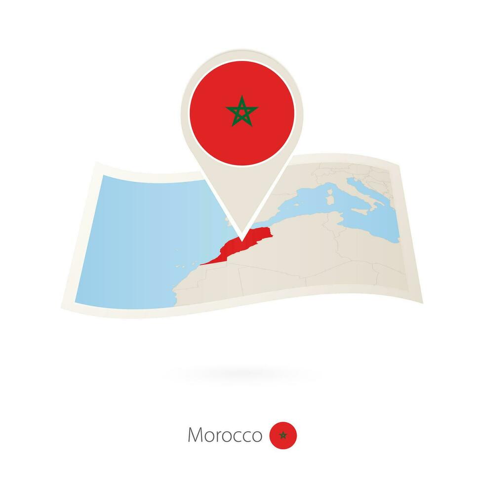 Folded paper map of Morocco with flag pin of Morocco. vector