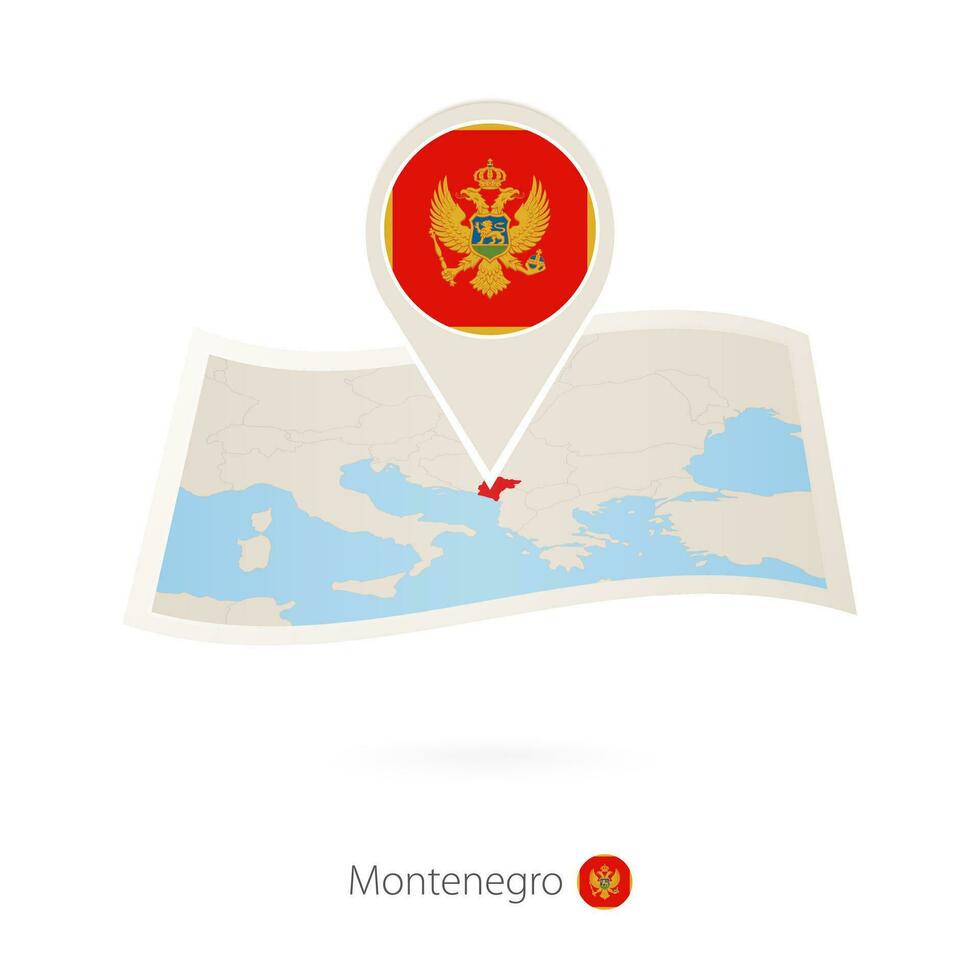 doblada papel mapa de montenegro con bandera alfiler de montenegro vector