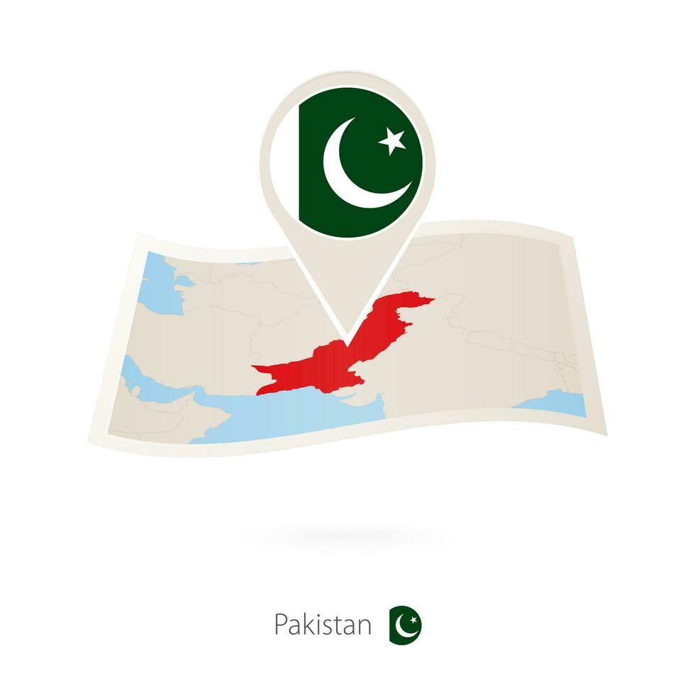 Folded paper map of Pakistan with flag pin of Pakistan. vector