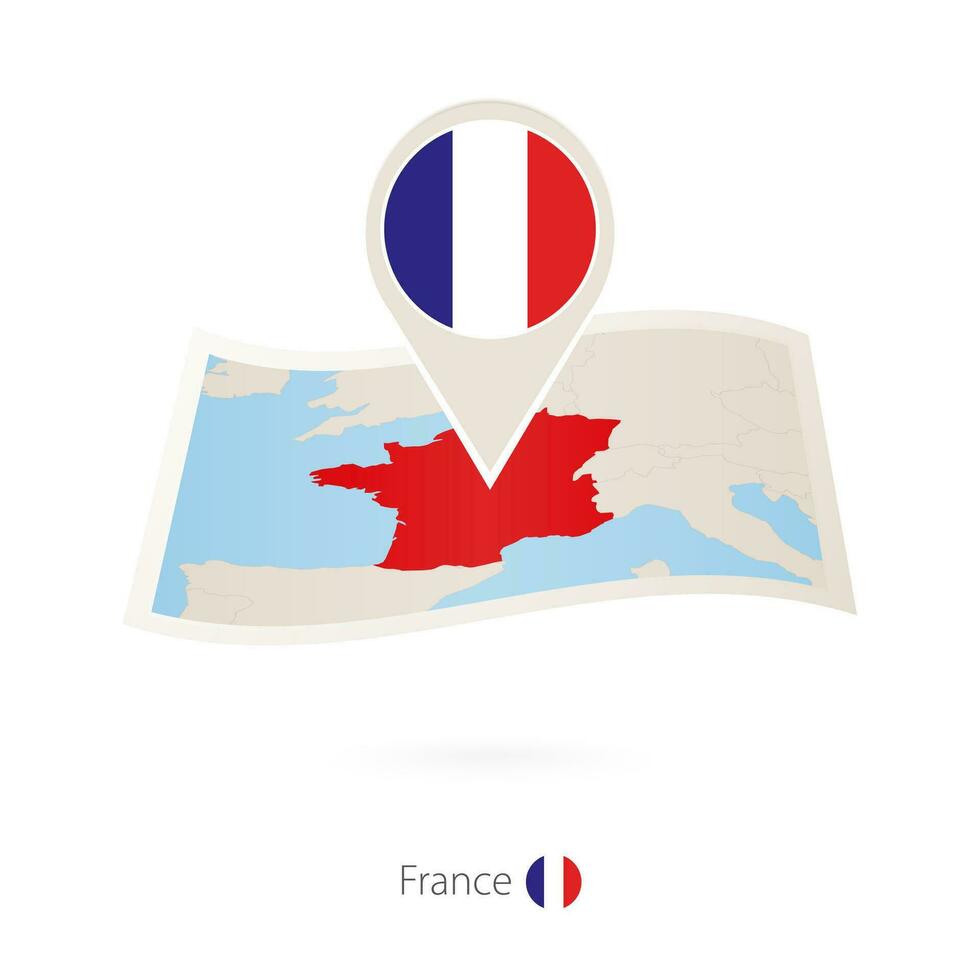 Folded paper map of France with flag pin of France. vector