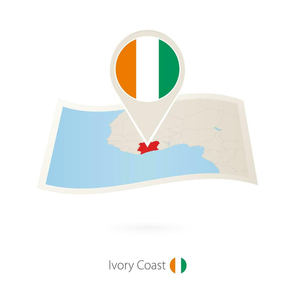 Folded paper map of Ivory Coast with flag pin of Ivory Coast. vector