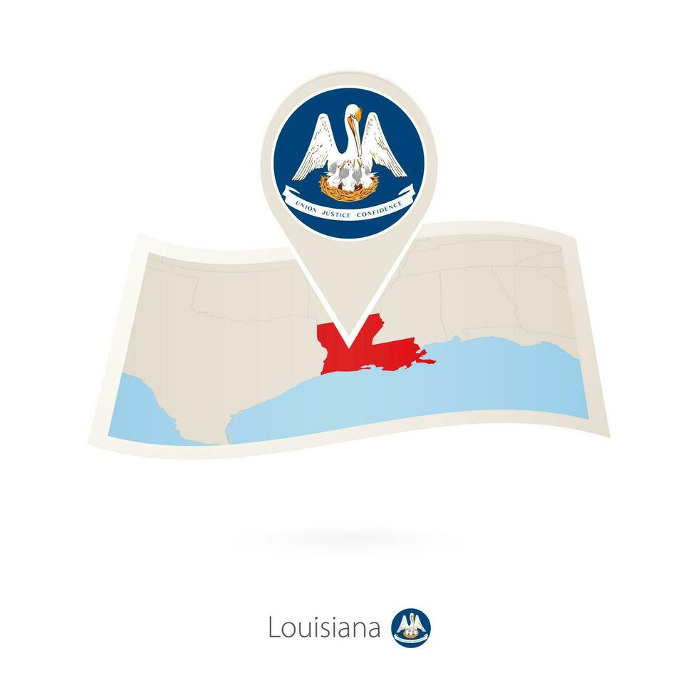 Folded paper map of Louisiana U.S. State with flag pin of Louisiana. vector