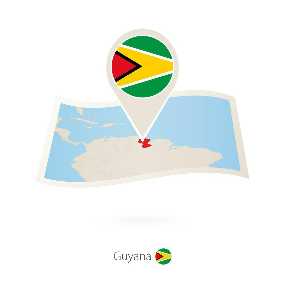 Folded paper map of Guyana with flag pin of Guyana. vector