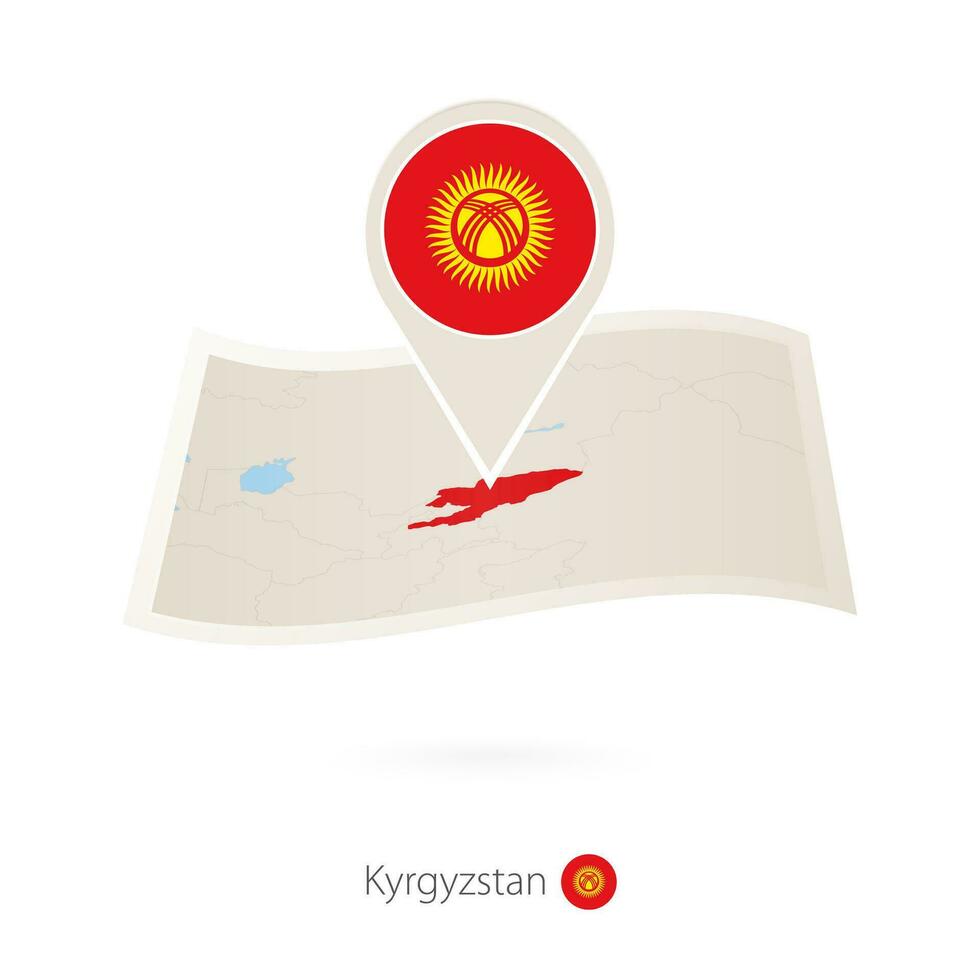 Folded paper map of Kyrgyzstan with flag pin of Kyrgyzstan. vector