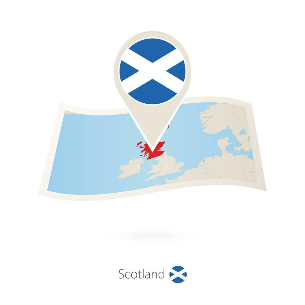 Folded paper map of Scotland with flag pin of Scotland. vector